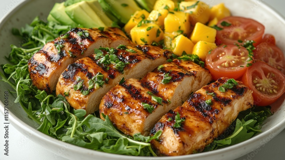 Grilled chicken breast salad with mango, avocado, and tomatoes. (1) Grilled chicken breast salad with mango, avocado, and tomatoes. (1)