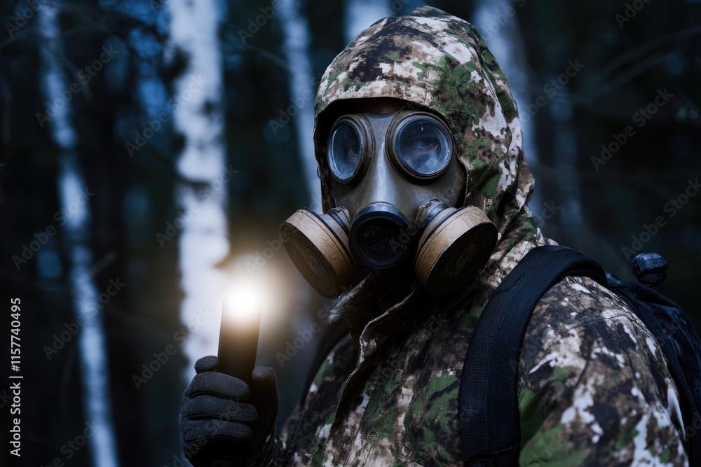A person wearing a gas mask holds a flashlight, ready for adventure or exploration A person wearing a gas mask holds a flashlight, ready for adventure or exploration