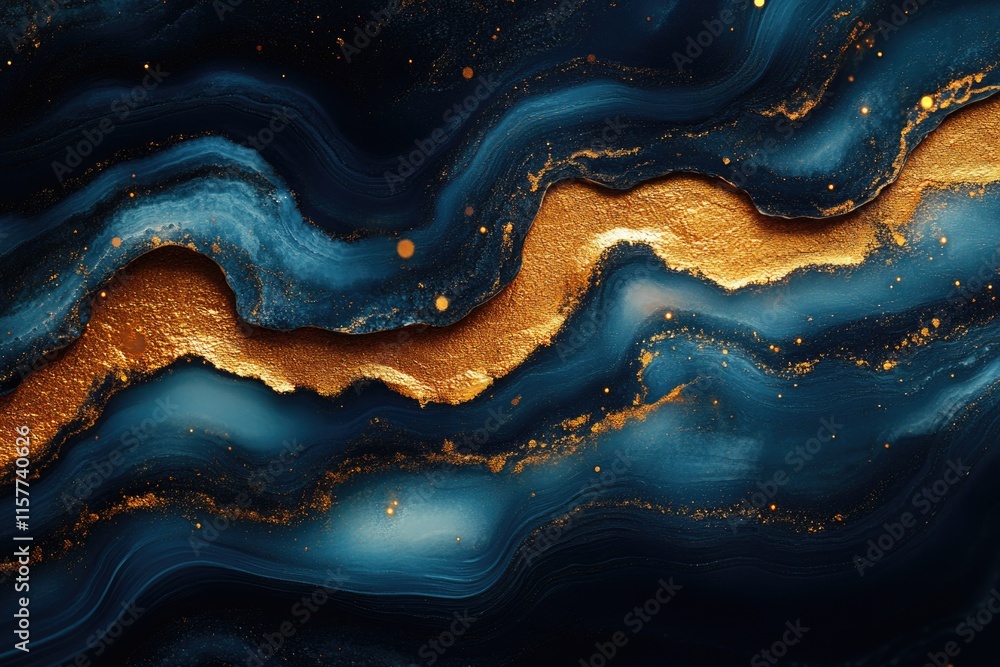 A close-up view of a blue and gold fluid painting, showcasing intricate details and textures A close-up view of a blue and gold fluid painting, showcasing intricate details and textures