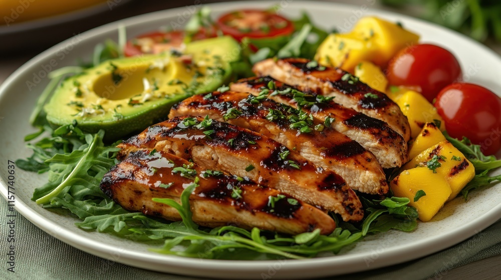 Grilled chicken breast salad with mango, avocado, and cherry tomatoes. (2) Grilled chicken breast salad with mango, avocado, and cherry tomatoes. (2)