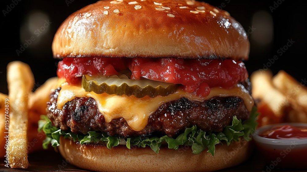 Juicy cheeseburger with fries and sauce. (2) Juicy cheeseburger with fries and sauce. (2)