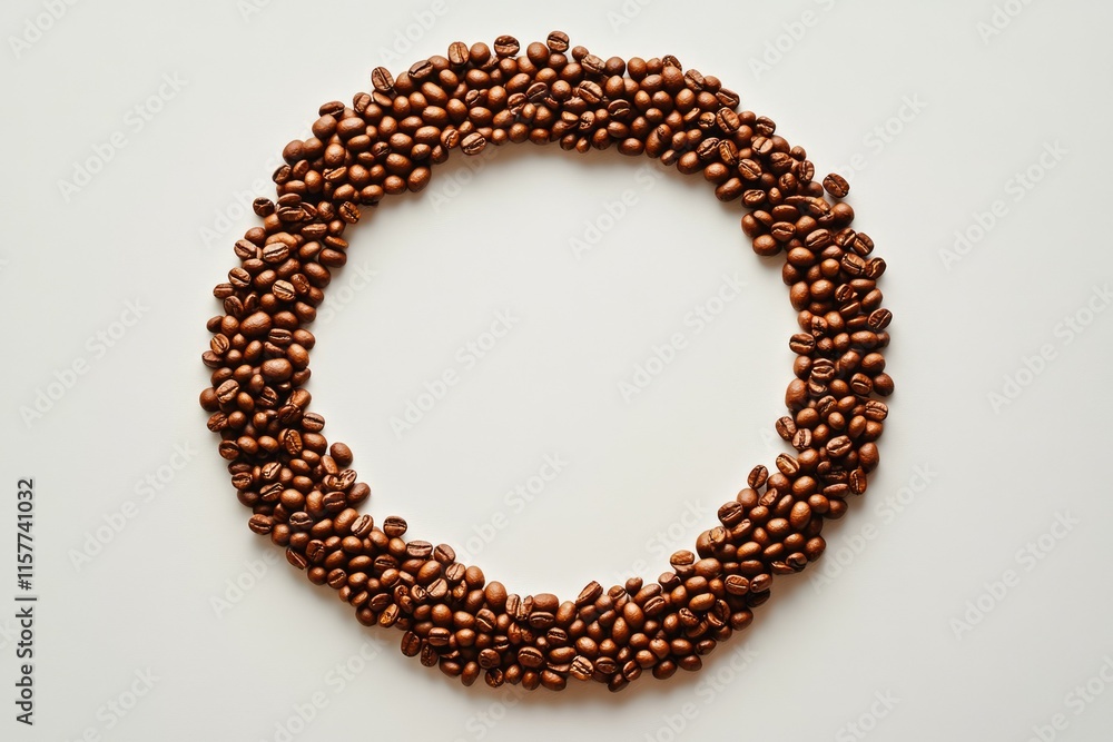 Coffee beans arranged in a circle on a white background, forming a frame. Coffee beans arranged in a circle on a white background, forming a frame.