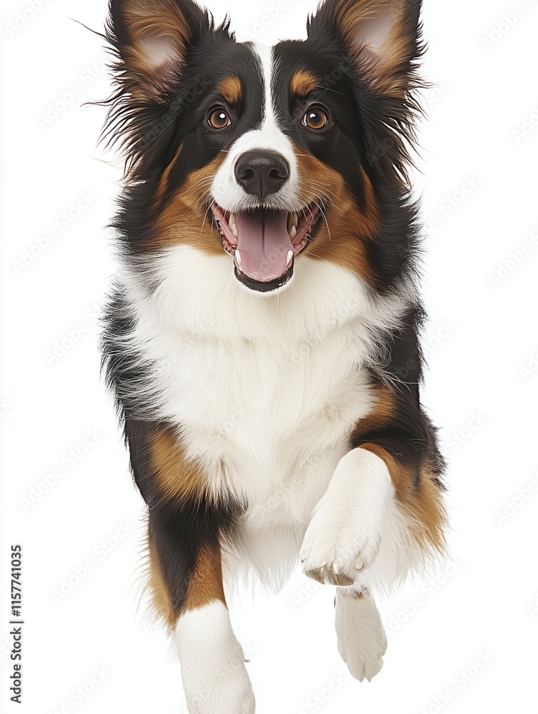 A dog is jumping in the air with its tongue out A dog is jumping in the air with its tongue out
