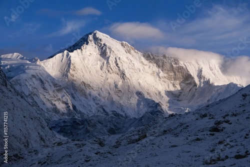 Amazing scenery of snowy Cho Oyu Mount from Gokyo. Himalayas, Sagarmatha National Park, Nepal