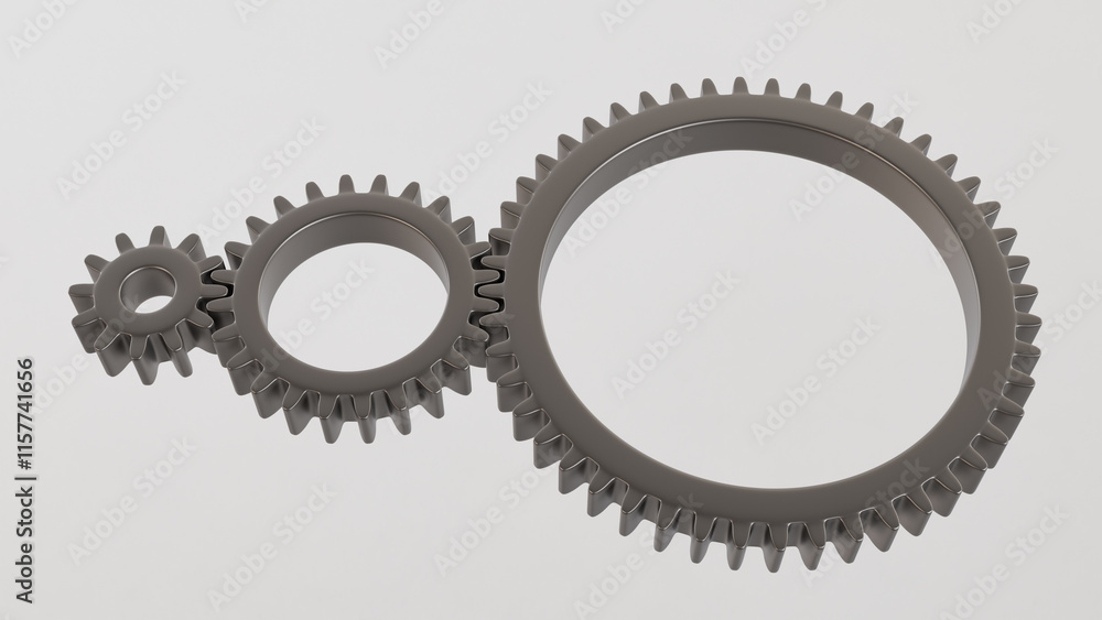 Illustration of three metallic gears, of different sizes, arranged in a line on a white background. Ideal for applications in engineering, industry, education and technical presentations. Illustration of three metallic gears, of different sizes, arranged in a line on a white background. Ideal for applications in engineering, industry, education and technical presentations.