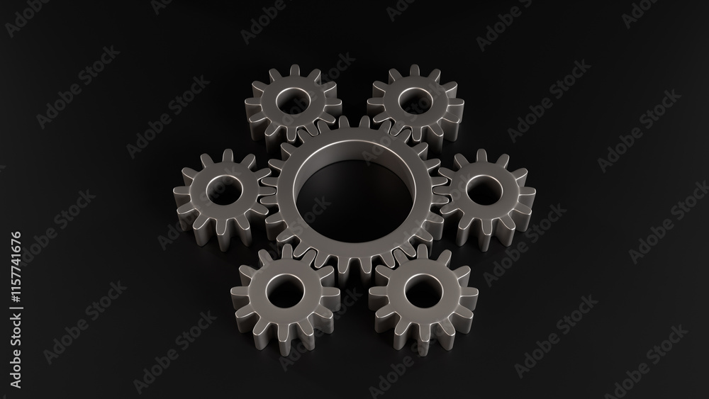 Illustration of a set of metal gears arranged in a circle on a black background. The image conveys the idea of precision, synchrony and teamwork. Illustration of a set of metal gears arranged in a circle on a black background. The image conveys the idea of precision, synchrony and teamwork.