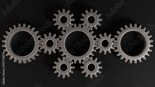 Illustration of a complex arrangement of metallic gears on a black background, representing the interdependence and synchrony necessary for the functioning of a mechanical system.