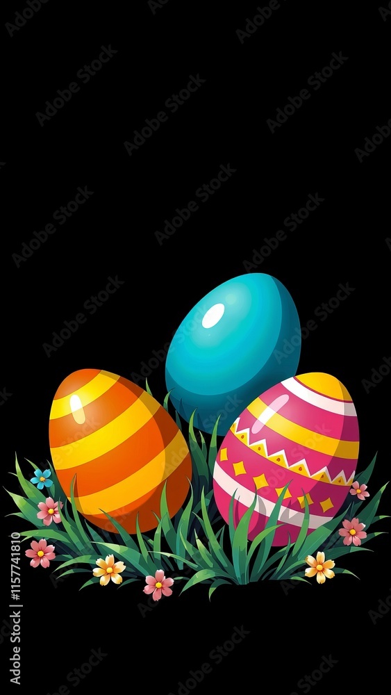 Colorful easter eggs in grass with flowers on black background Colorful easter eggs in grass with flowers on black background