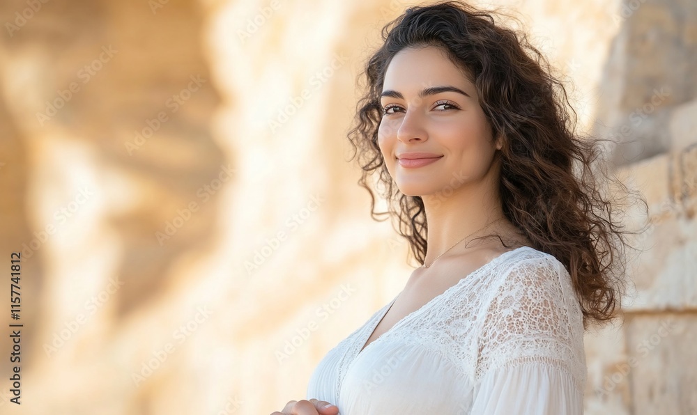 A smiling woman in a white dress stands against a warm, textured background. A smiling woman in a white dress stands against a warm, textured background.
