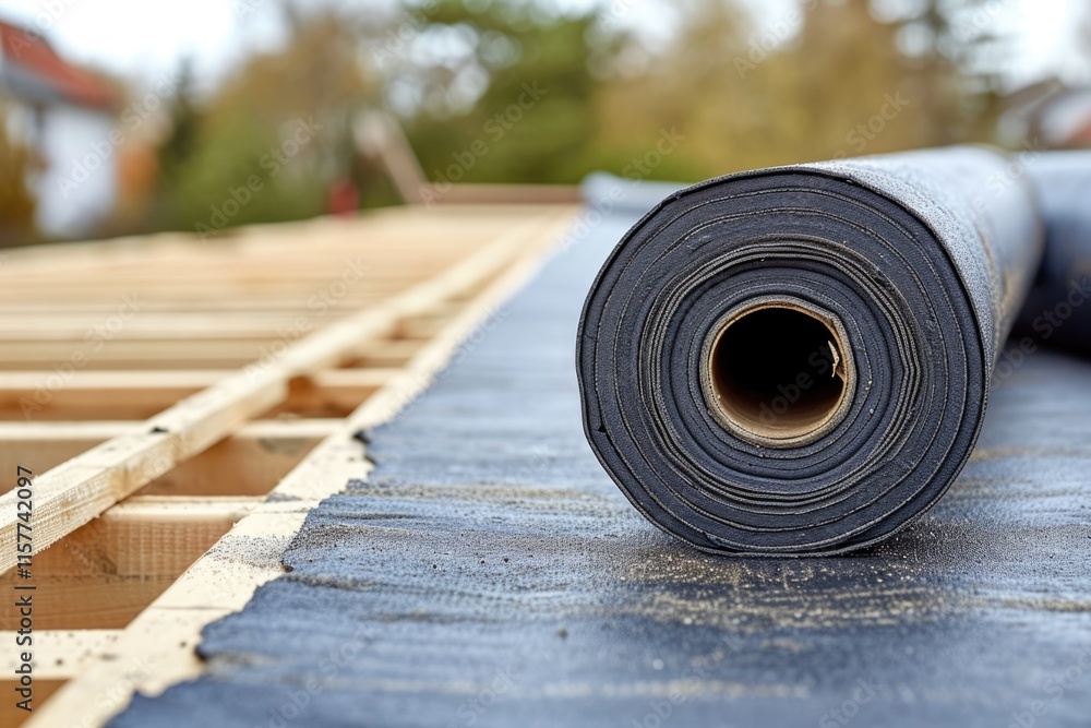 Waterproofing and Insulation: PVC Membrane Roll on Construction Site. Copy Space Available. Waterproofing and Insulation: PVC Membrane Roll on Construction Site. Copy Space Available.