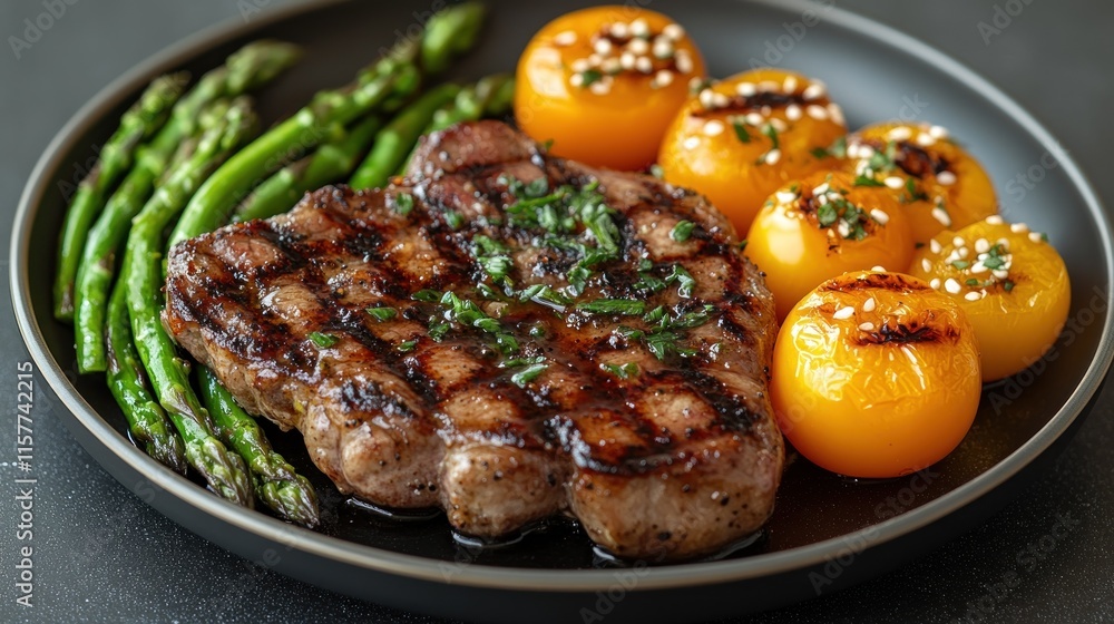 Grilled pork chop with asparagus and roasted tomatoes. Grilled pork chop with asparagus and roasted tomatoes.