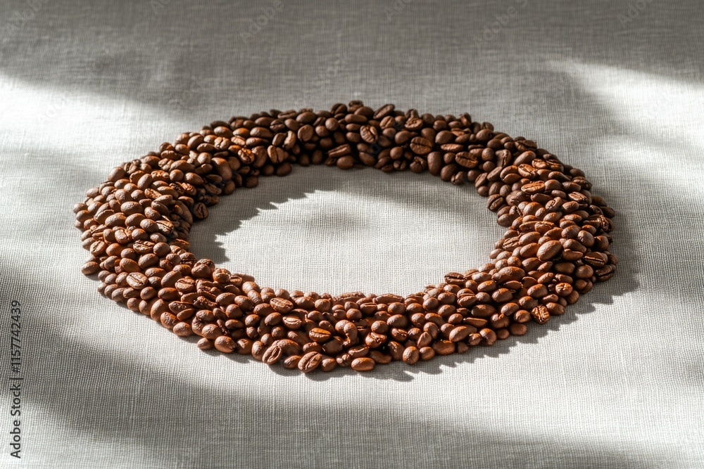 Coffee beans arranged in a circle on a linen fabric, creating a visually appealing pattern.