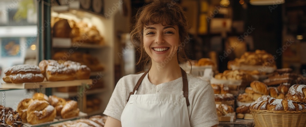 A smiling woman in an apron stands in a bakery filled with various pastries. A smiling woman in an apron stands in a bakery filled with various pastries.
