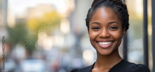 A smiling woman outdoors, showcasing confidence and positivity in a city setting.