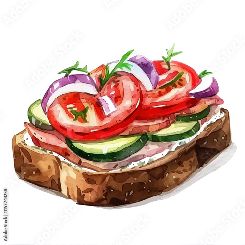 A watercolor vector of a Danish smørrebrød open-faced sandwich with herring, garnished with fresh herbs and onions, isolated on a white background. Smørrebrød vector.
