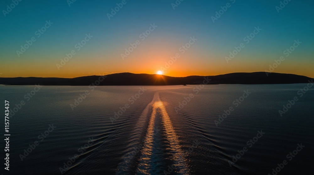 Obraz premium Sailing Ship Approaching Distant Island at Sunset