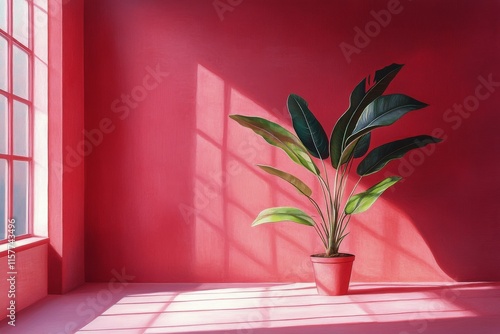Elegant indoor plant against vibrant pink wall with natural light streaming in
