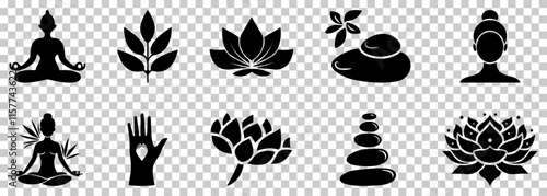 Set of black icons for spa and massage. Yoga poses and female figures in lotus position, monochrome, simple shapes