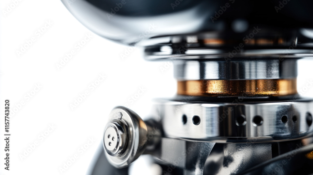 Close-up of polished metal device with intricate details and a small knob. Close-up of polished metal device with intricate details and a small knob.