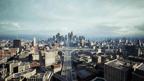 aerial view of the city skyline, slow moving camera