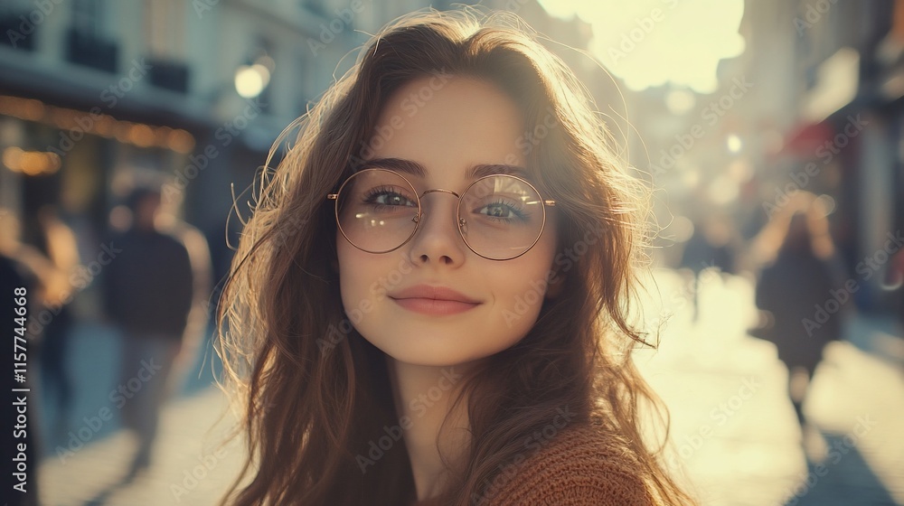 A smiling young woman with glasses in a sunlit street, exuding warmth and joy. A smiling young woman with glasses in a sunlit street, exuding warmth and joy.