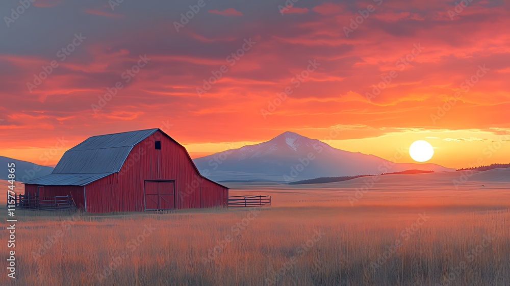 Red barn in golden field at sunrise with mountain in background. Red barn in golden field at sunrise with mountain in background.