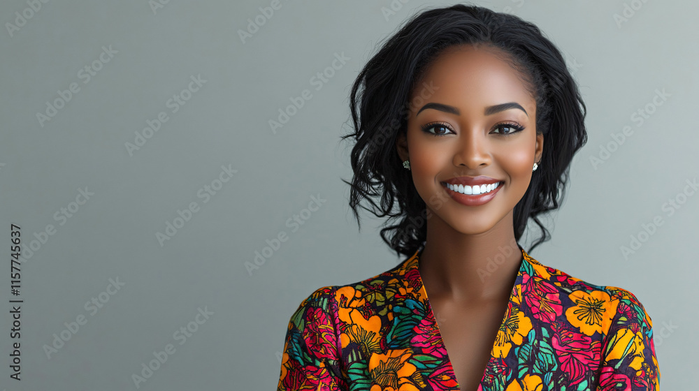 A vibrant, floral-patterned blazer highlights a young woman's confident smile, ideal for fashion promotions or greeting cards celebrating cultural diversity. A vibrant, floral-patterned blazer highlights a young woman's confident smile, ideal for fashion promotions or greeting cards celebrating cultural diversity.