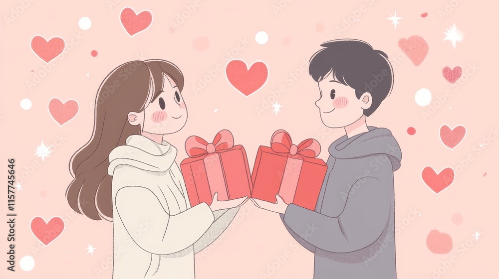 Joyful valentine   s day celebration  hand to hand gift exchange for heartfelt giving and receiving