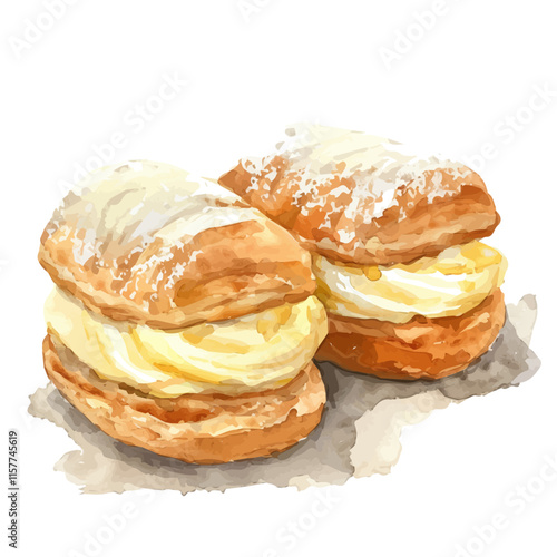 A watercolor painting of French eclairs with vanilla cream filling, placed on a plate, isolated on a white background. Eclair vector.
