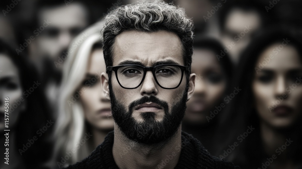 Fototapeta premium A serious man stands out in a blurred crowd, wearing glasses and a black sweater, evoking feelings of determination and purpose against a moody, contrasting background.