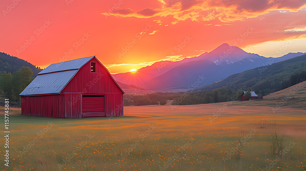 Vibrant sunset over a red barn in a mountain valley. Vibrant sunset over a red barn in a mountain valley.