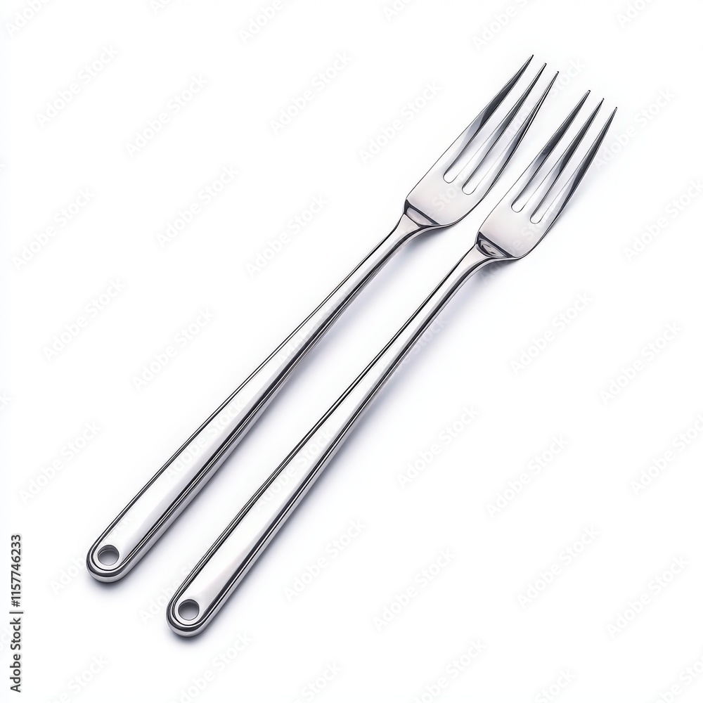 Two elegant stainless steel serving forks on a white background, perfect for elegant dining and food presentation. Two elegant stainless steel serving forks on a white background, perfect for elegant dining and food presentation.