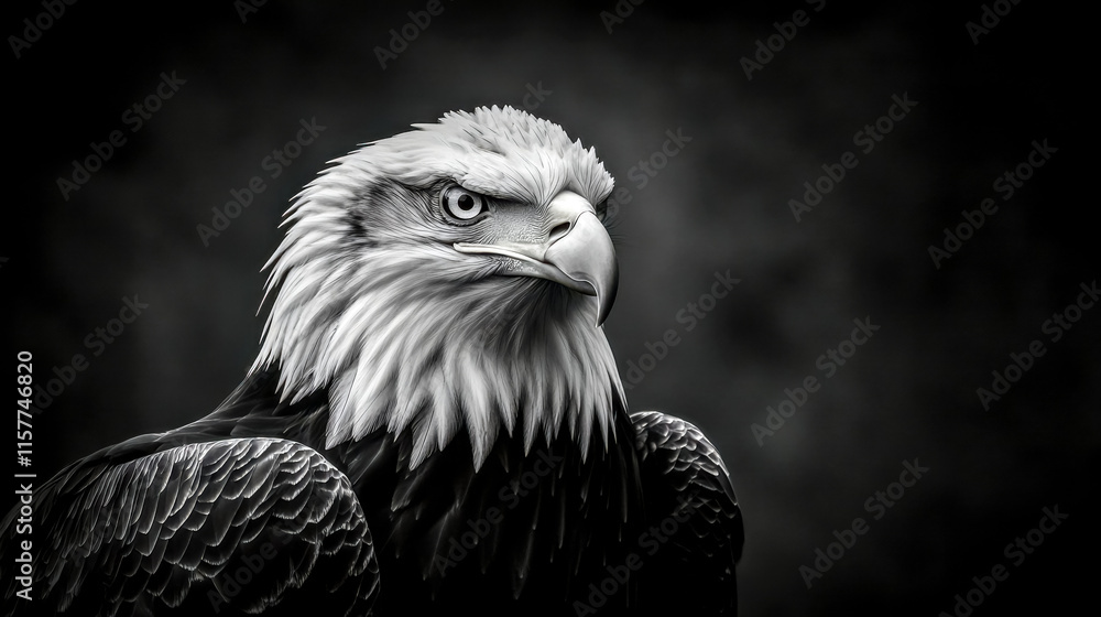 Majestic bald eagle staring with intense gaze in black and white Majestic bald eagle staring with intense gaze in black and white