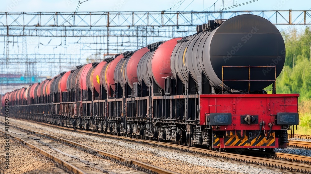 Industrial Train Transporting Tank Wagons on Railway Tracks in Rural Landscape Industrial Train Transporting Tank Wagons on Railway Tracks in Rural Landscape