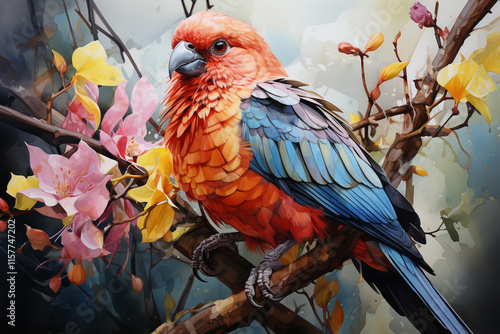 bird on a branch with flowers in spring, watercolor.    photo