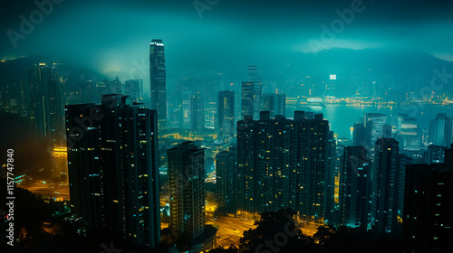 Paisaje urbano nocturno con rascacielos iluminados y niebla atmosférica