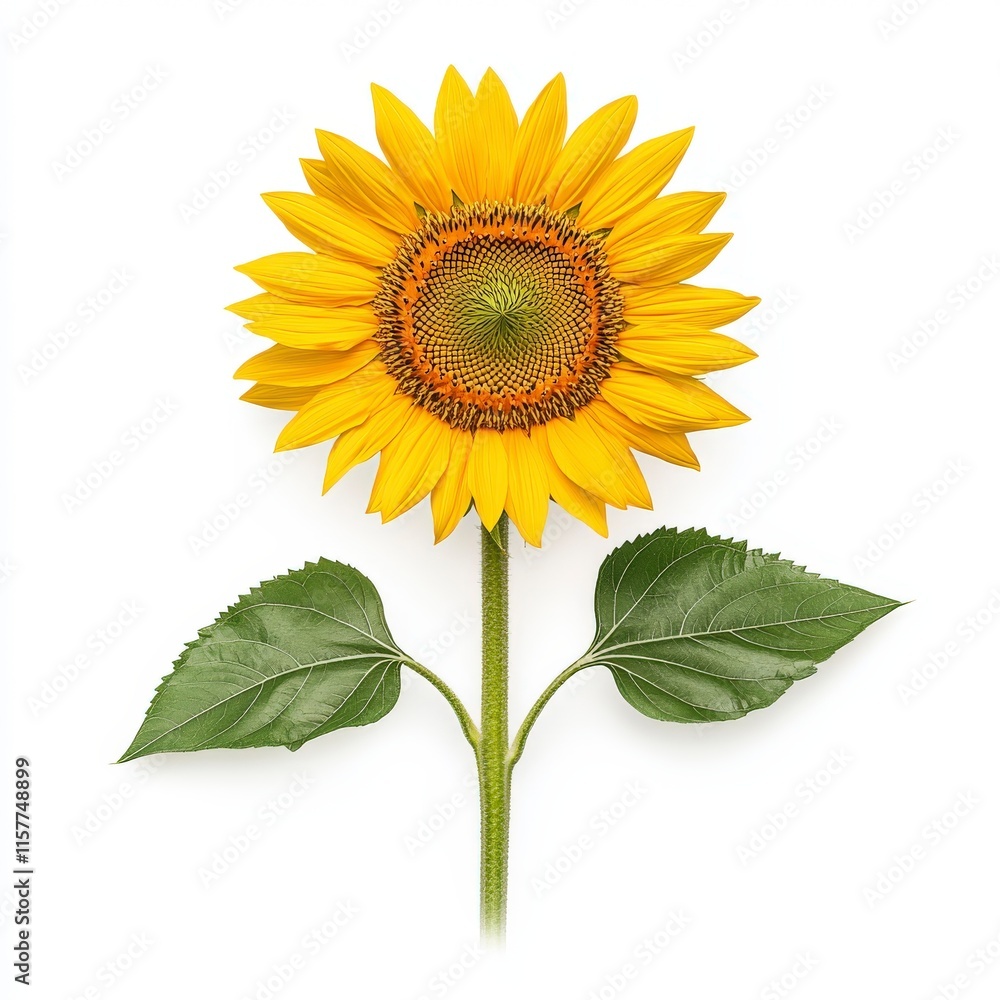 Obraz premium Vibrant sunflower with yellow petals and green leaves, symbolizing warmth and positivity in nature's beauty.