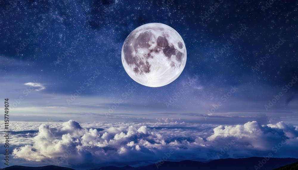 Fototapeta premium Captivating Full Moon Illuminating Clouds and Stars in the Night Sky A Serene Display of Celestial Beauty and Tranquility that Inspires Wonder and Reflection