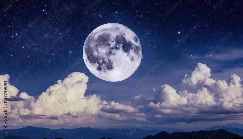 Captivating Full Moon Illuminating Clouds and Stars in a Serene Night Sky A Breathtaking Display of Natures Beauty and Tranquility Under the Celestial Sphere