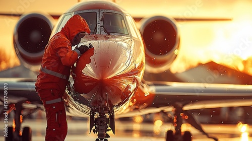 Technician inspecting private jet at sunset.