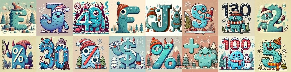Cartoon Winter Monsters Lettering Typeface. AI generated illustration