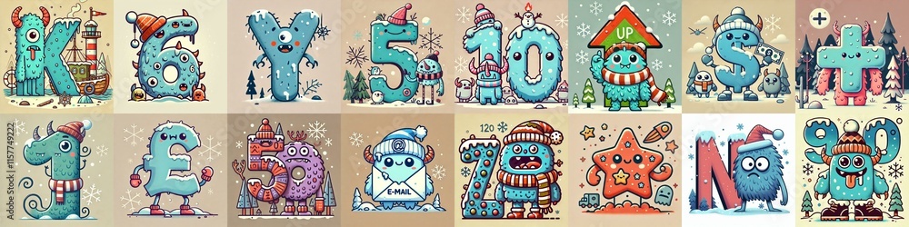 Cartoon Winter Monsters Lettering Typeface. AI generated illustration