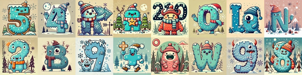 Cartoon Winter Monsters Lettering Typeface. AI generated illustration