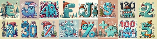 Obraz na płótnie Cartoon Winter Monsters Lettering Typeface. AI generated illustration w salonie