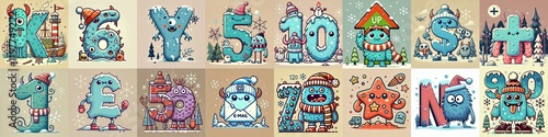 Obraz na płótnie Cartoon Winter Monsters Lettering Typeface. AI generated illustration w salonie