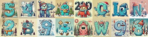 Obraz na płótnie Cartoon Winter Monsters Lettering Typeface. AI generated illustration w salonie