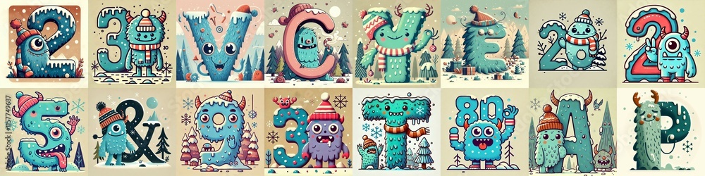 Cartoon Winter Monsters Lettering Typeface. AI generated illustration