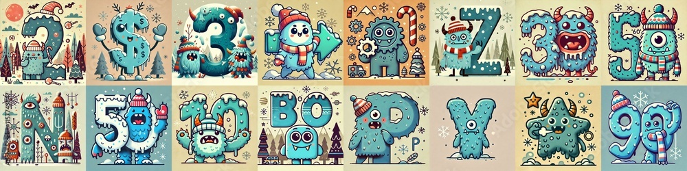 Cartoon Winter Monsters Lettering Typeface. AI generated illustration