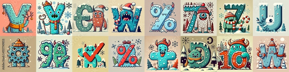 Cartoon Winter Monsters Lettering Typeface. AI generated illustration