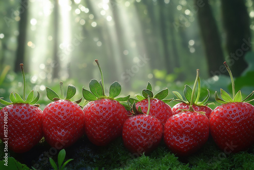 Juicy strawberries in a sun-dappled forest setting. photo